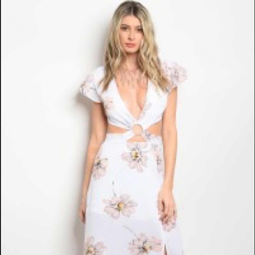 cap sleeve waist cut out floral print maxi dress.